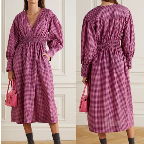 Ganni Dresses & Skirts - $400 Ganni Shirred Gingham Seersucker V-Neck Midi Dress Pink/Black Sz 36 / US 10